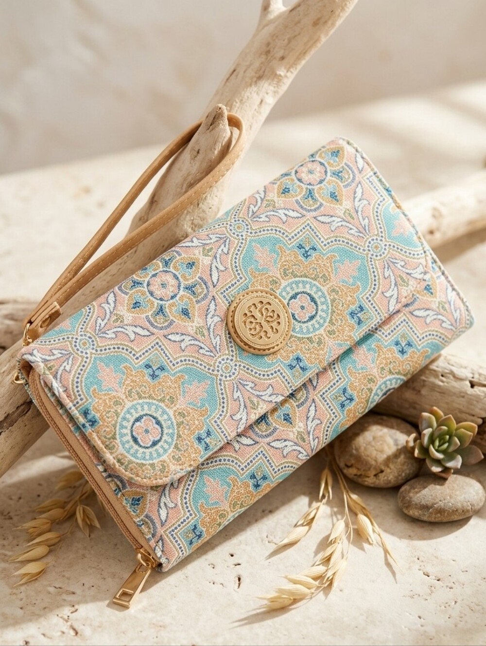 Beige and Teal Patterned Wristlet Clutch
